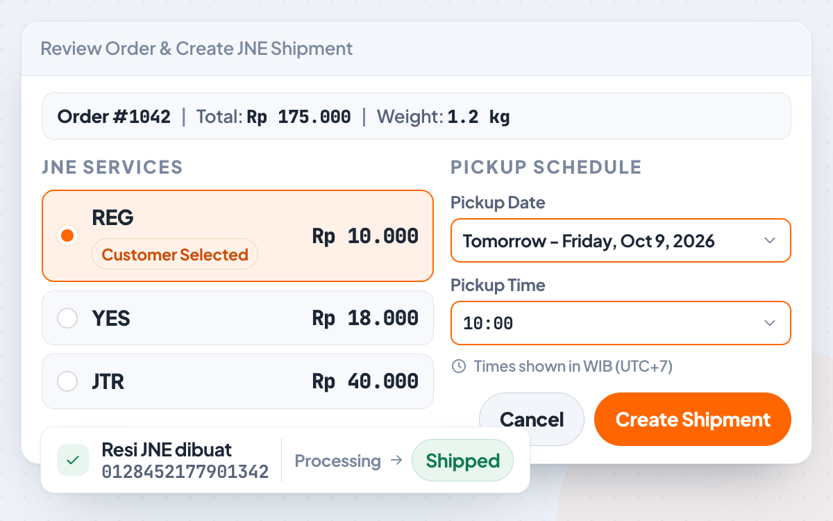 Jendela Review Order & Create JNE Shipment di WooCommerce: REG ditandai Customer Selected, pickup besok pukul 10.00, resi JNE terbit dan status jadi Shipped.
