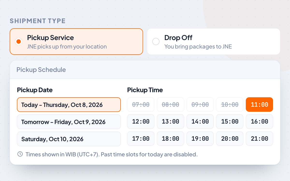 Pengaturan pickup JNE di WooCommerce: pilihan Pickup Service atau Drop Off, tanggal hari ini sampai lusa, dan slot per jam pukul 07.00 sampai 21.00 WIB.