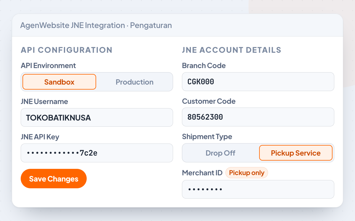 Pengaturan AgenWebsite JNE Integration: API Environment Sandbox atau Production, JNE Username, API Key, Branch Code, Customer Code, Shipment Type, Merchant ID.