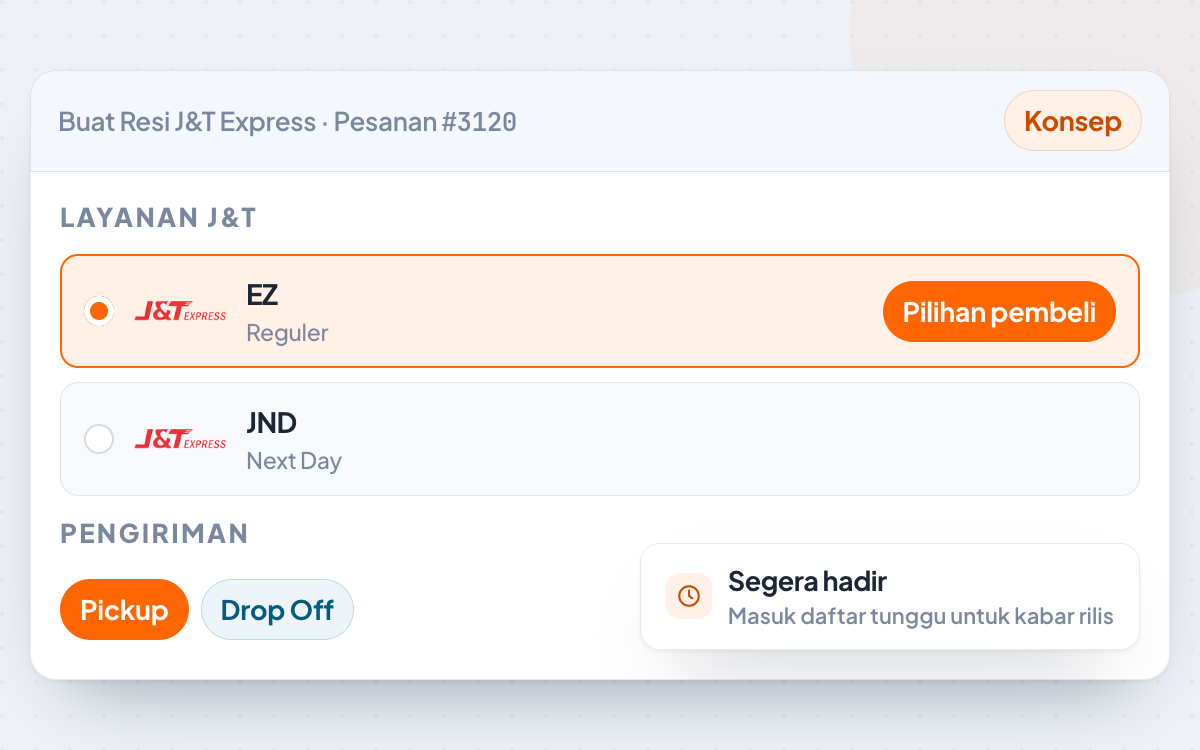 Konsep jendela pembuatan resi J&T Express di WooCommerce. Fitur ini belum tersedia dan tampilannya dapat berubah saat rilis.
