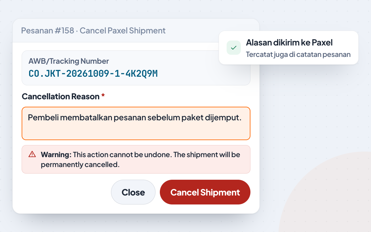 Jendela Cancel Paxel Shipment di pesanan WooCommerce: nomor resi Paxel, alasan pembatalan yang wajib diisi, dan tombol Cancel Shipment.