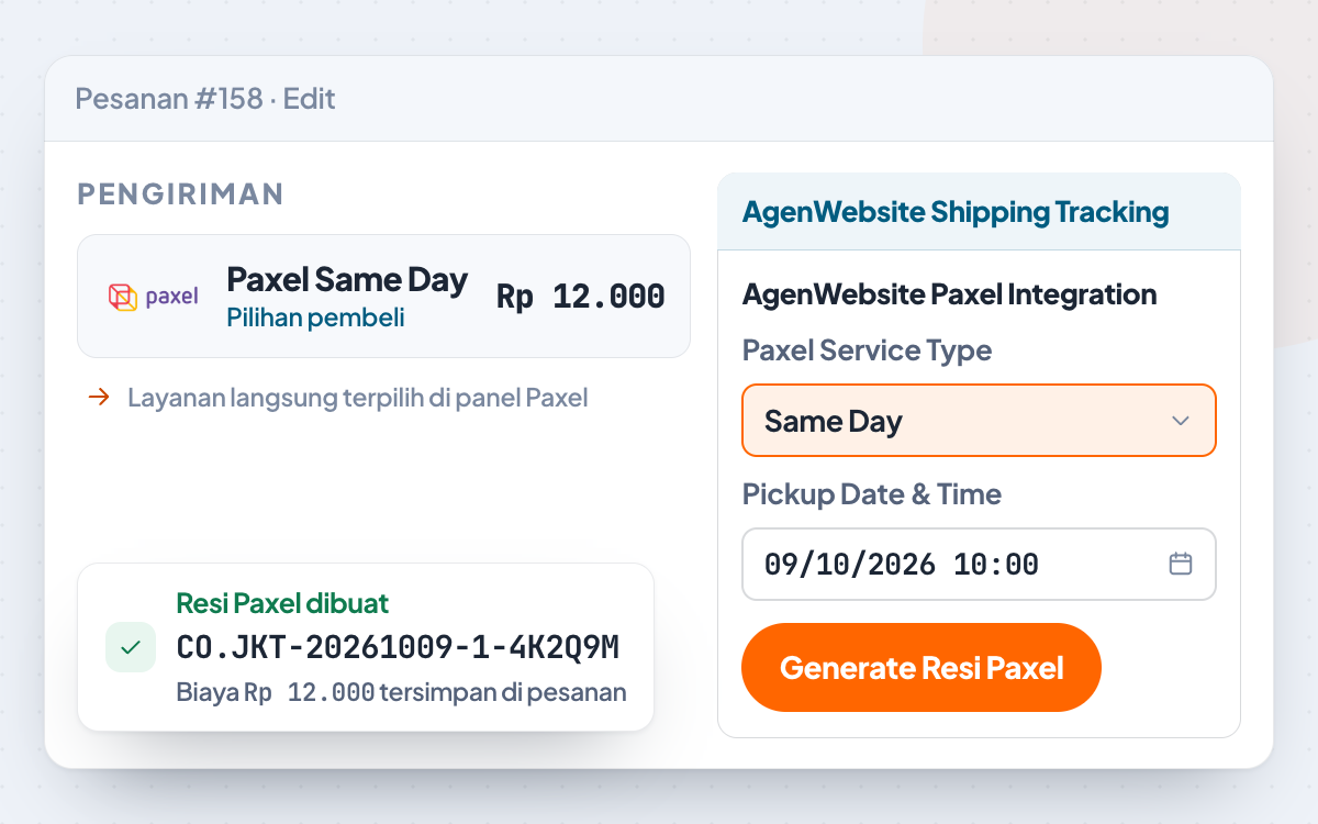 Panel AgenWebsite Paxel Integration di pesanan WooCommerce: Same Day sesuai pilihan pembeli, pickup besok pukul 10.00, lalu resi Paxel terbit dengan biayanya.