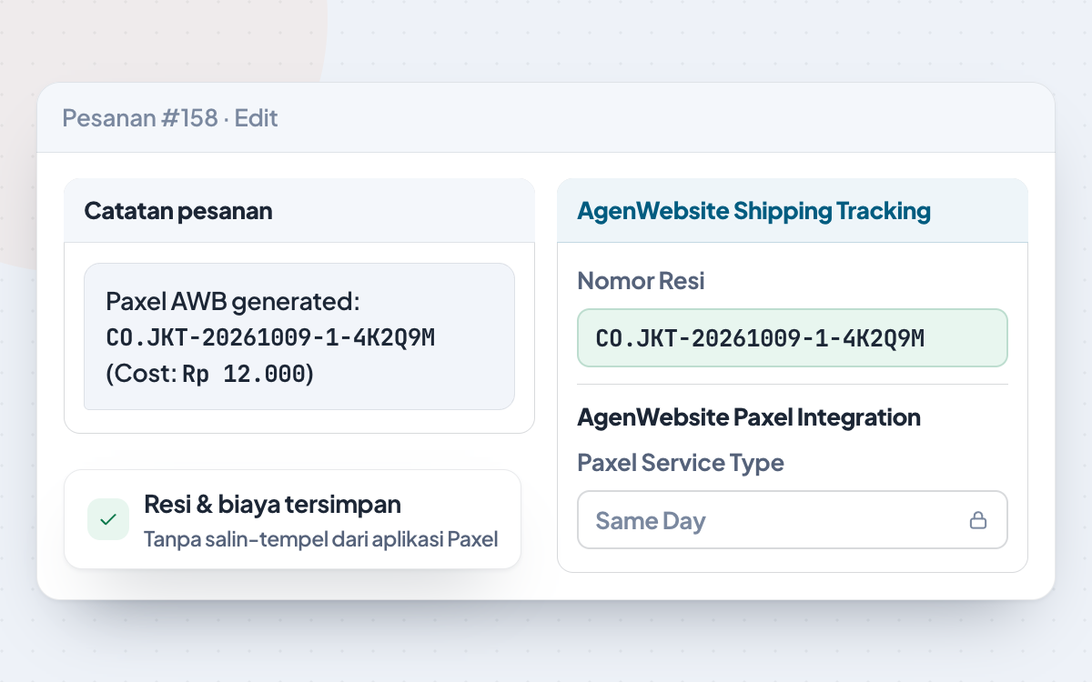 Pesanan WooCommerce setelah resi Paxel dibuat: catatan pesanan memuat resi dan biaya Rp 12.000, resi juga masuk kotak AgenWebsite Shipping Tracking.