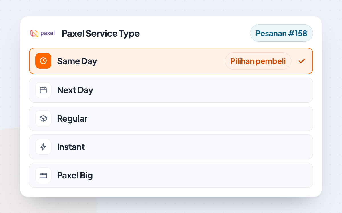 Pilihan Paxel Service Type di pesanan WooCommerce: Same Day (pilihan pembeli), Next Day, Regular, Instant, dan Paxel Big.