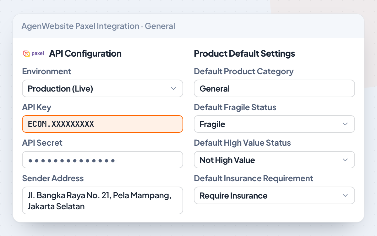 Pengaturan AgenWebsite Paxel Integration: Environment Production, API Key format ECOM, API Secret, alamat pengirim, dan default jenis barang serta asuransi.