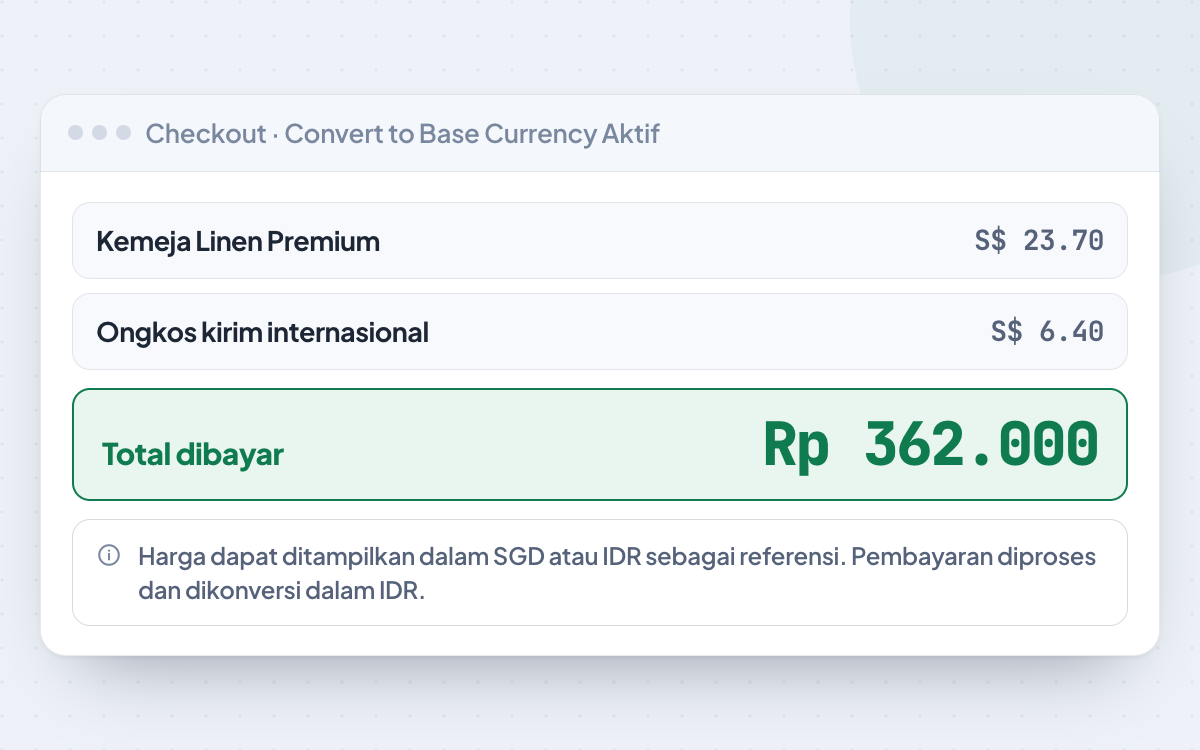 Halaman checkout menampilkan total dalam Rupiah beserta teks pemberitahuan konversi mata uang