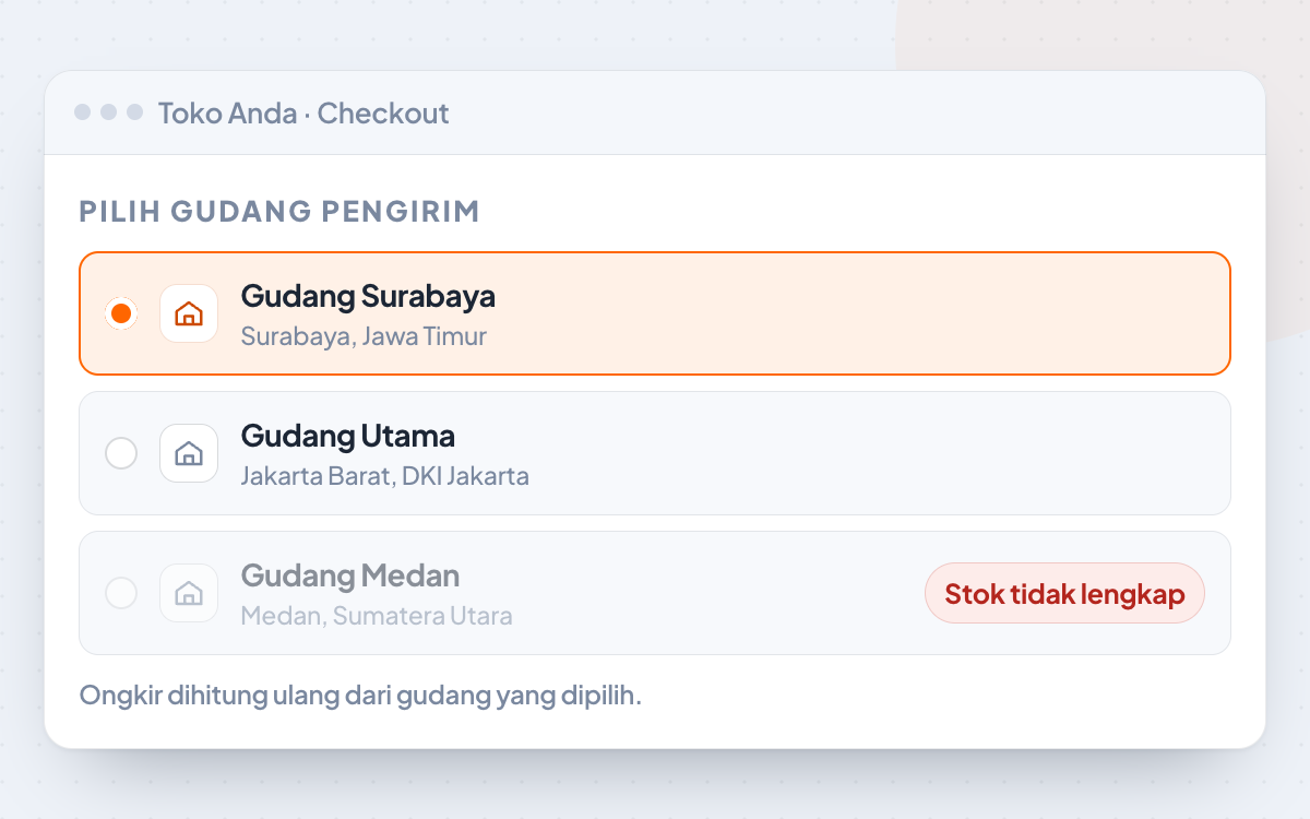 Kartu pilihan gudang pengirim di checkout WooCommerce: Gudang Surabaya terpilih, Gudang Medan nonaktif dengan keterangan stok tidak lengkap