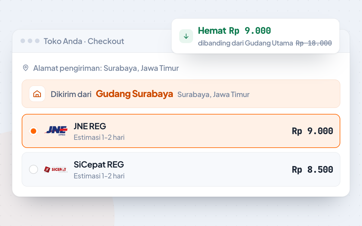 Checkout WooCommerce menampilkan Dikirim dari Gudang Surabaya dengan ongkir JNE REG Rp 9.000, hemat Rp 9.000 dibanding dikirim dari gudang utama