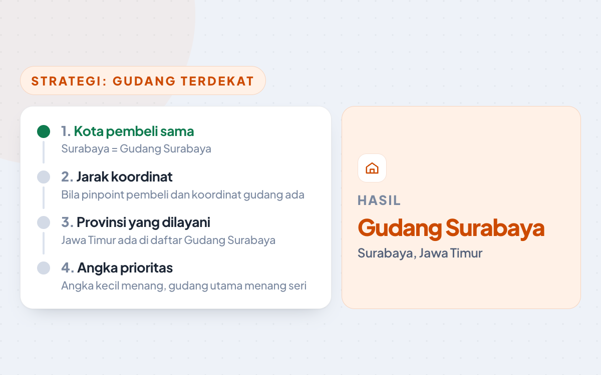 Urutan aturan strategi Gudang Terdekat: kota pembeli sama, jarak koordinat, provinsi yang dilayani, angka prioritas, menghasilkan Gudang Surabaya