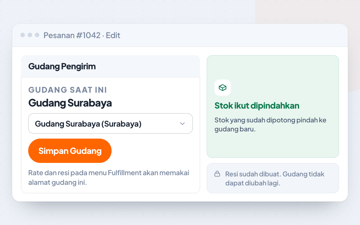 Meta box Gudang Pengirim di halaman edit pesanan: gudang saat ini Gudang Surabaya, pilihan untuk mengganti gudang sebelum resi dibuat
