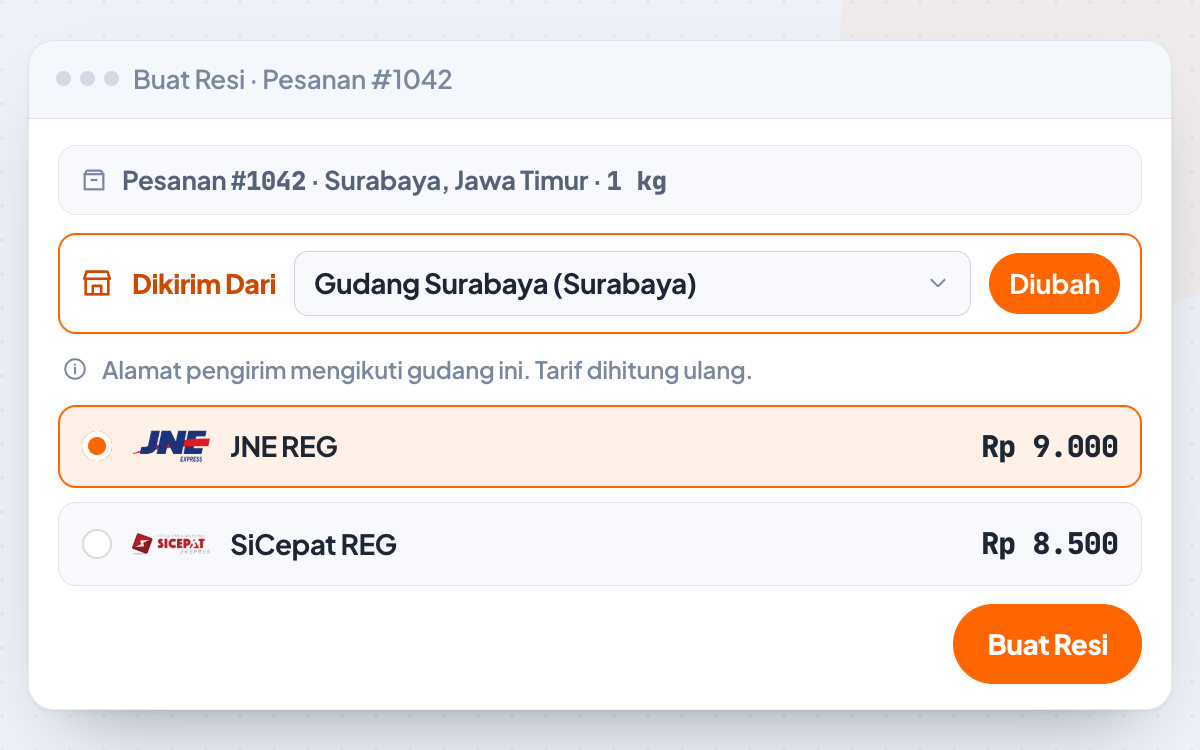 Modal Buat Resi AgenWebsite Shipping dengan kontrol Dikirim Dari yang memilih Gudang Surabaya dan tarif kurir dihitung dari gudang itu