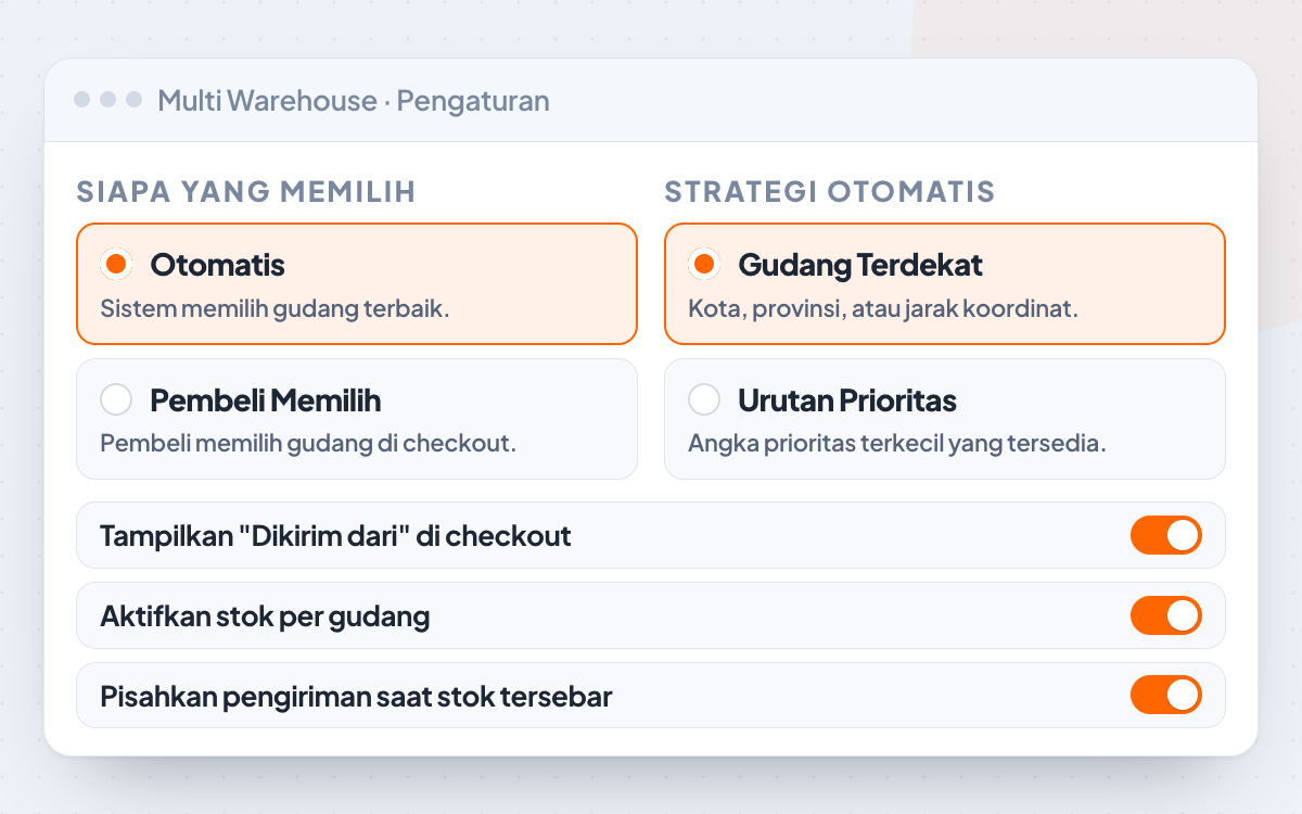 Tab Pengaturan AgenWebsite Multi Warehouse: mode Otomatis atau Pembeli Memilih, strategi Gudang Terdekat atau Urutan Prioritas, dan saklar stok per gudang