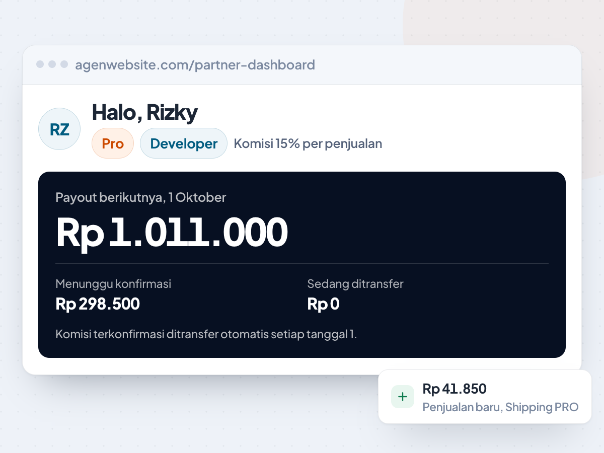 Dashboard Partner AgenWebsite: tier Pro dengan komisi 15%, payout berikutnya Rp 1.011.000 pada tanggal 1, dan notifikasi penjualan baru