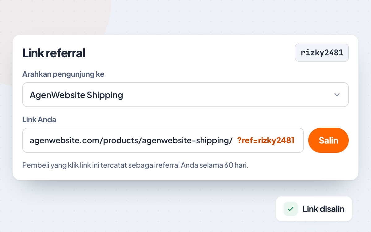 Kartu Link referral: pilih halaman AgenWebsite Shipping, link dengan parameter ref, tombol Salin