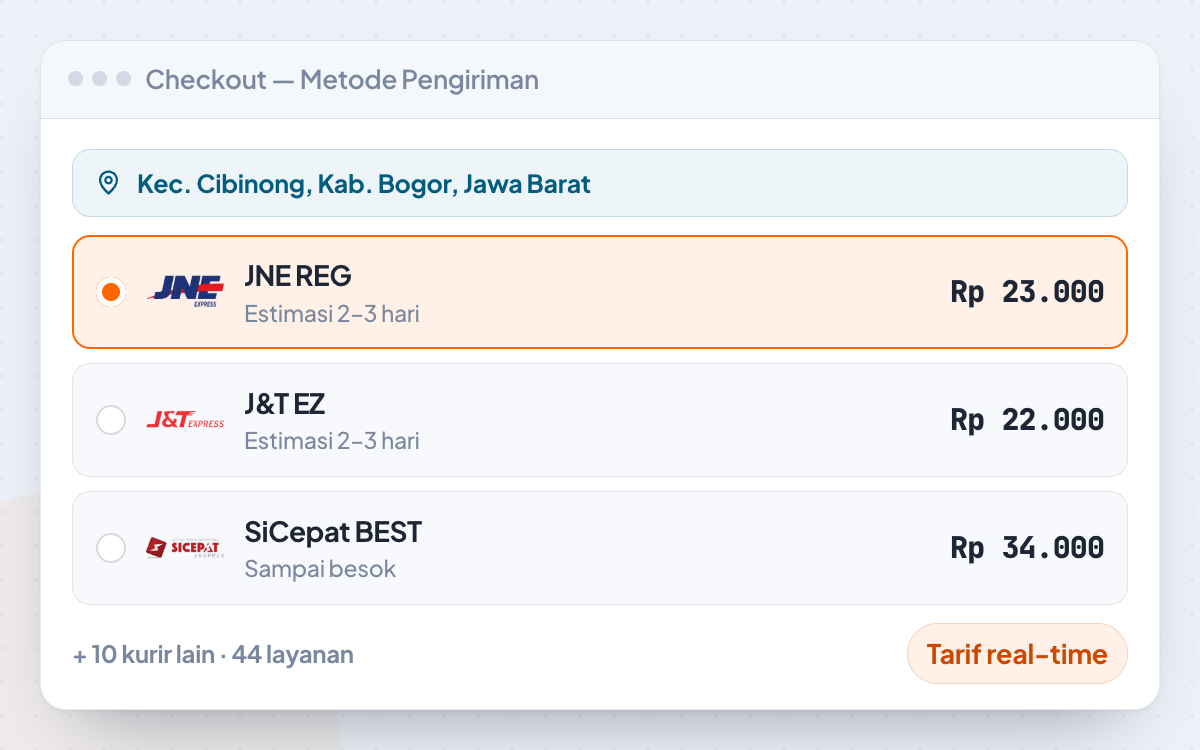 Halaman checkout WooCommerce menampilkan pilihan ongkir JNE REG Rp 23.000, J&T EZ Rp 22.000, dan SiCepat BEST Rp 34.000 untuk tujuan Kecamatan Cibinong
