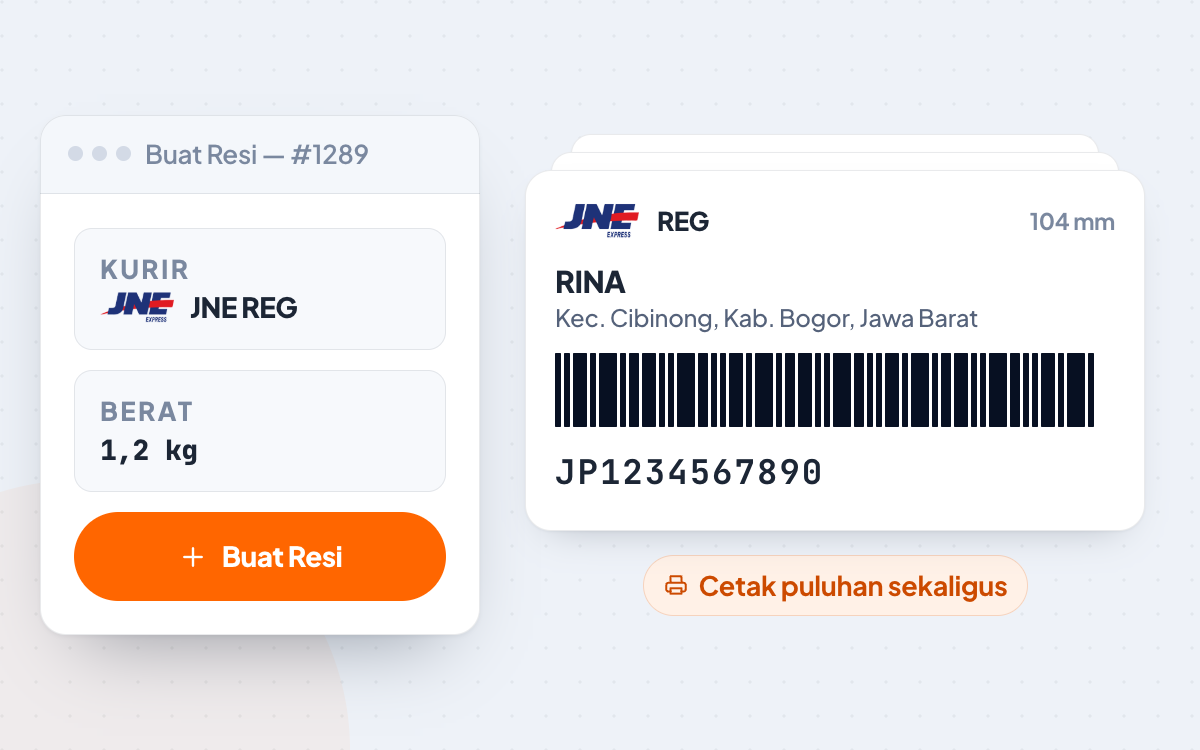 Pembuatan resi JNE REG dari dashboard WooCommerce beserta pratinjau label thermal 104mm berbarcode dengan nomor resi JP1234567890