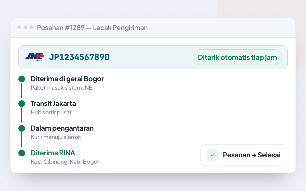 Riwayat pelacakan resi JP1234567890 mulai dari diterima di gerai Bogor, transit Jakarta, dalam pengantaran, sampai diterima penerima