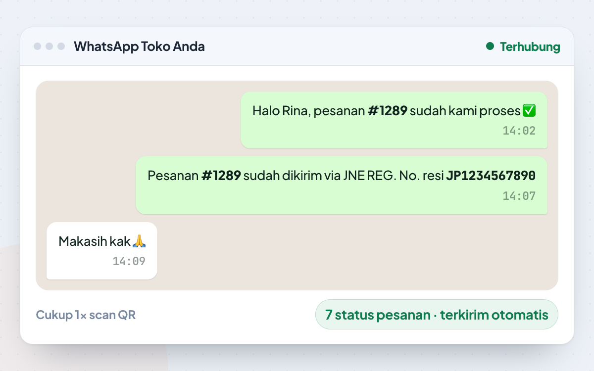 Percakapan WhatsApp otomatis yang memberi tahu pembeli bahwa pesanan sudah diproses dan sudah dikirim lengkap dengan nomor resi JNE