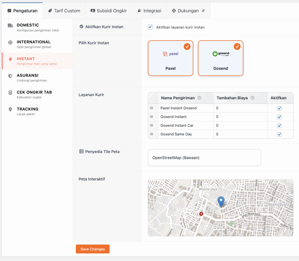 Halaman Konfigurasi Admin AgenWebsite Shipping dengan Pilihan Kurir dan Layanan