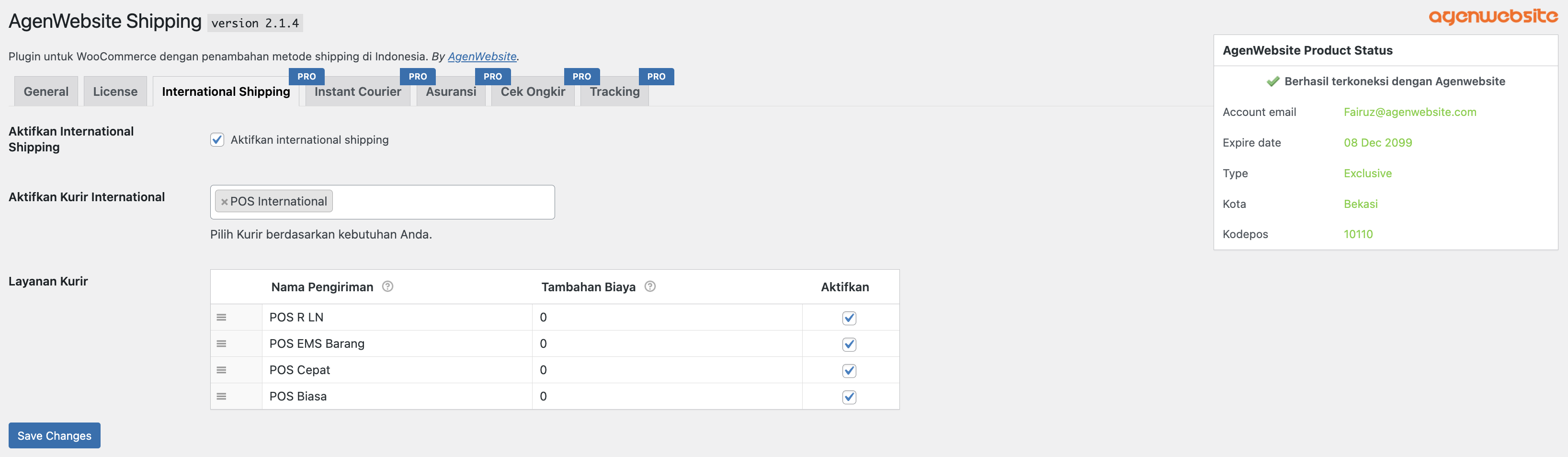 International Shipping Tab