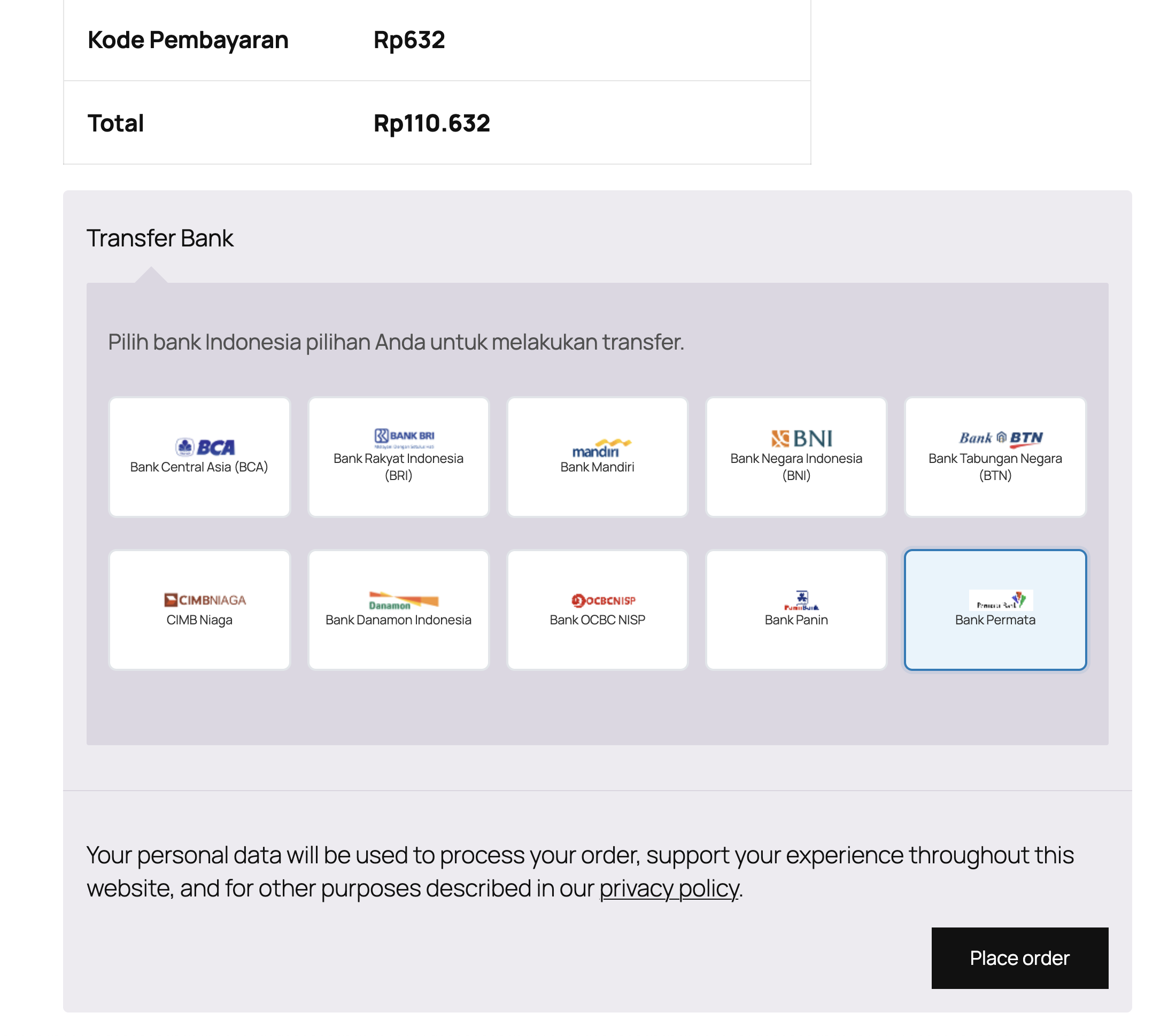 Tampilan Pemilihan Bank Transfer WooCommerce BCA BNI Mandiri