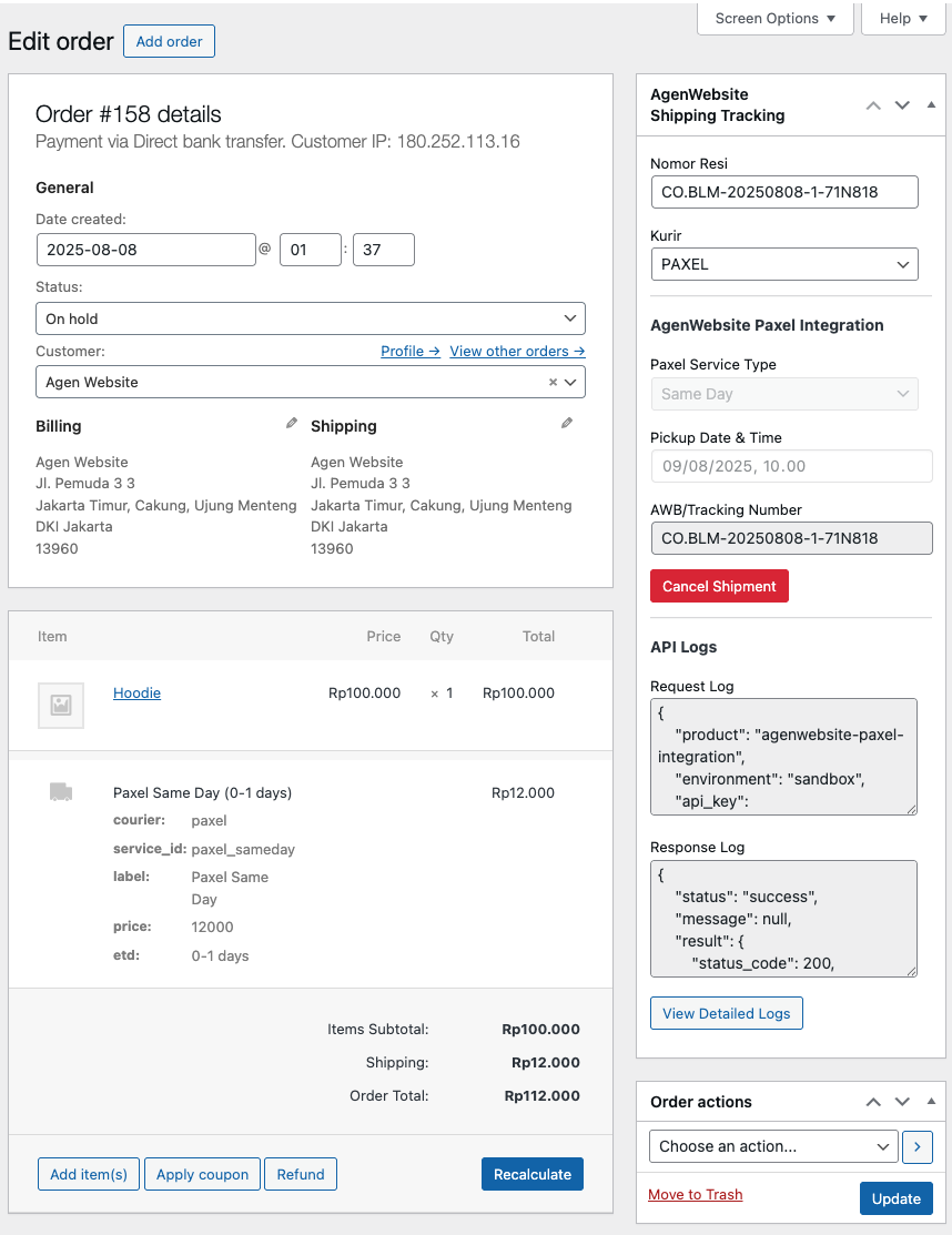 Dashboard WooCommerce Paxel